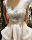 A-Line Jewel Floor-Length Champagne Tulle Prom Dress with Beading Ruffles AHC695