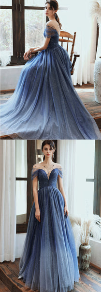 Stunning Blue Tulle Beaded Long Dress PDA481