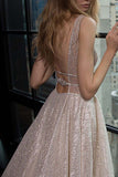 A-Line Deep V-Neck Sweep Train Silver Sequined Backless Prom Dress LR262