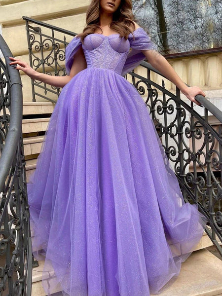 Simple purple off shoulder tulle long prom dress, purple evening dress SHE021