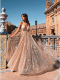 Spaghetti Straps Backless Prom Dress with Sequins Light Champagne Long Evening Dress ODA012 | ballgownbridal
