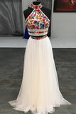 Two Piece High Neck Sweep Train White Tulle Open Back Prom Dress with Embroidery LR223