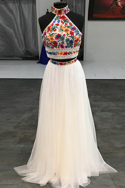 Two Piece High Neck Sweep Train White Tulle Open Back Prom Dress with Embroidery LR223