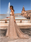 Spaghetti Straps Backless Prom Dress with Sequins Light Champagne Long Evening Dress ODA012 | ballgownbridal