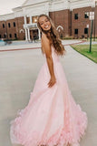 Pink Tulle Applique Spaghetti Staps Long Prom Dress XH2817