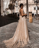 Luxury Spaghetti Straps Sweep Train V Neck Prom Dress with Sequins AHC544