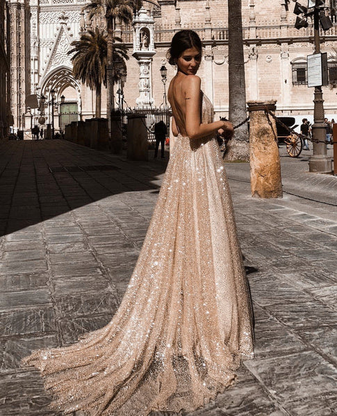 Luxury Spaghetti Straps Sweep Train V Neck Prom Dress with Sequins AHC544