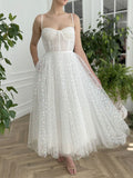 Spaghetti Straps Tea Length Ivory Prom Dresses, Tea Length Evening Dresses YSL3291