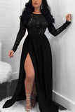 Backless Sequined Lace Slit Black Prom Dress MX8645