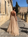 Spaghetti Straps Backless Prom Dress with Sequins Light Champagne Long Evening Dress ODA012 | ballgownbridal