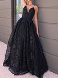 Black A-Line/Princess V-neck Sequins Sweep Train Dresses DH3256