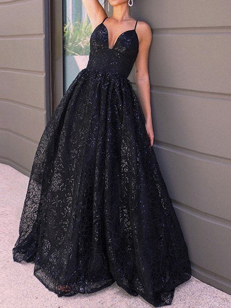 Black A-Line/Princess V-neck Sequins Sweep Train Dresses DH3256