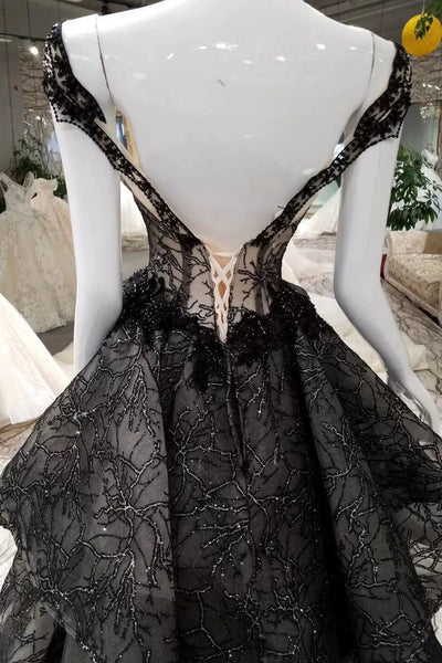 Black Tulle Prom Dresses Lace Up With Appliques Off The Shoulder ZX001