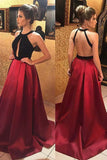 Sexy A-Line Backless Dark Red Satin Prom Dress, Evening Dress SJ211052