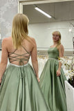 A Line Backless Green Satin Long Prom Dress, Evening Dress SJ211149