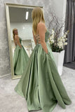 A Line Backless Green Satin Long Prom Dress, Evening Dress SJ211149