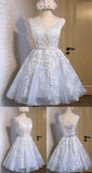 A-Line Bateau Appliques Short Prom Dress With Lace, Homecoming Dress SJ211004