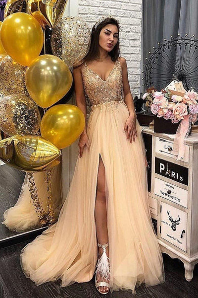 A Line Champagne Tulle V Neck Long Prom Dresses With Beaded SJ211016