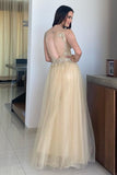 A Line Champagne Lace Long Prom Dress, Evening Dress SJ211168