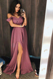 A-Line Cold Shoulder Purple Satin Prom Dress With Split, Evening Dress SJ211065