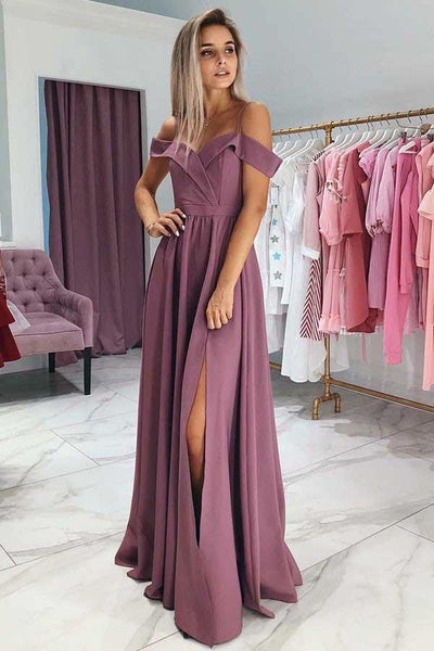 A-Line Cold Shoulder Purple Satin Prom Dress With Split, Evening Dress SJ211065