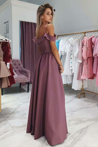 A-Line Cold Shoulder Purple Satin Prom Dress With Split, Evening Dress SJ211065