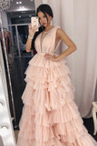 A-Line Crew Floor-Length Pink Tiered Tulle Prom Dress with Beading PDA592 | ballgownbridal