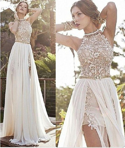 A-Line High Neck Tulle Long Prom Dress With Beadings, Evening Dress SJ211171