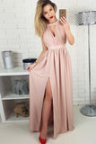 A-Line Jewel Floor-Length Blush Chiffon Prom Dress with Keyhole PDA596 | ballgownbridal