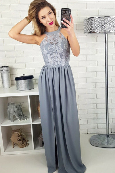 A-Line Jewel Floor-Length Grey Chiffon Prom Dress with Lace PDA595 | ballgownbridal