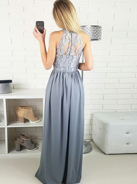 A-Line Jewel Floor-Length Grey Chiffon Prom Dress with Lace PDA595 | ballgownbridal