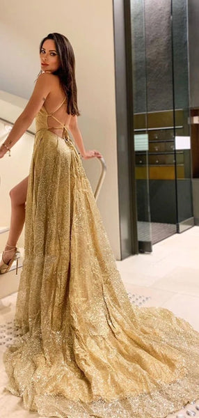 A-Line Gold High Split Long Prom Dress With Sequins, Evening Dress SJ211135