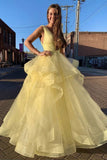 Gorgeous V Neck Yellow Long Prom Dress With Ruffles, Evening Dress SJ211143