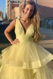 Gorgeous V Neck Yellow Long Prom Dress With Ruffles, Evening Dress SJ211143