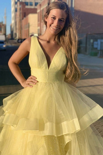 Gorgeous V Neck Yellow Long Prom Dress With Ruffles, Evening Dress SJ211143