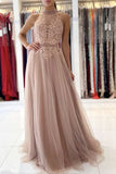 A Line Pink Tulle Long Prom Dress With Lace, Evening Dress SJ211201