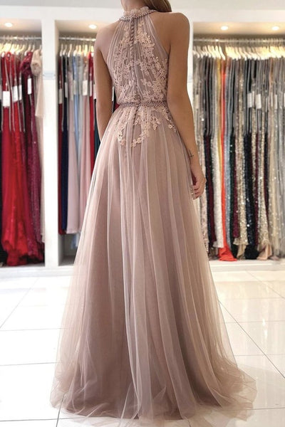 A Line Pink Tulle Long Prom Dress With Lace, Evening Dress SJ211201