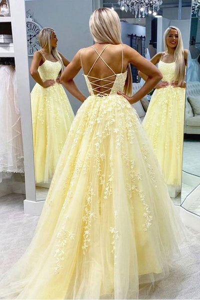 A-Line Spaghetti Straps Tulle Lace Prom Dresses With Appliques, Evening Dresses SJ211023