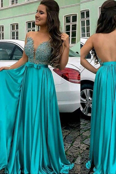 A Line Scoop Satin Prom Dresses With Applique, Evening Dress SJ211132