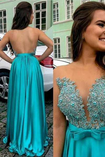 A Line Scoop Satin Prom Dresses With Applique, Evening Dress SJ211132