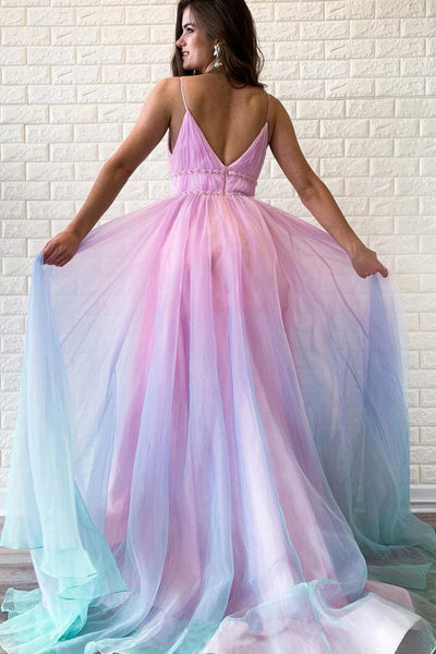 A Line Spagheeti Straps Gradient Chiffon Long Prom Dresses Floor Length Prom Dress PDA563 | ballgownbridal