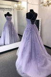 A-Line Spaghetti Strap Tulle Long Prom Dress With Appliques SJ210920