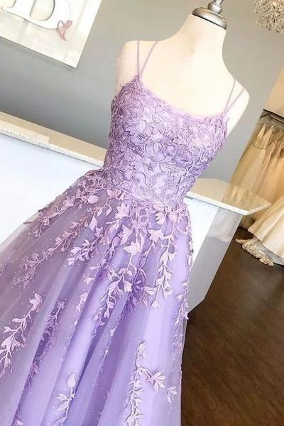 A-Line Spaghetti Strap Tulle Long Prom Dress With Appliques SJ210920
