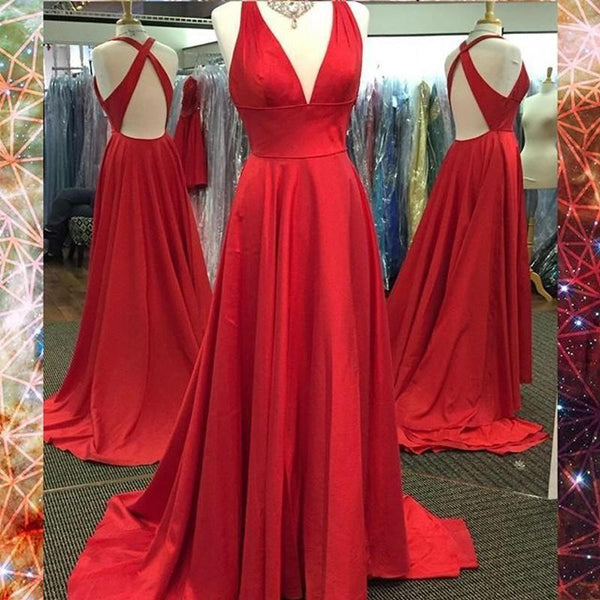 A-Line V-Neck Stain Long Prom Dress With Front Split , Evening Dress SJ211118