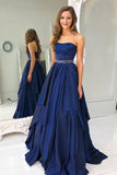 A-Line Sweetheart Floor-Length Dark Blue Tiered Prom Evening Dress with Beading PDA600 | ballgownbridal