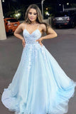A Line V Neck Backless Light Blue Lace Long Prom Dress, Evening Dress SJ211159