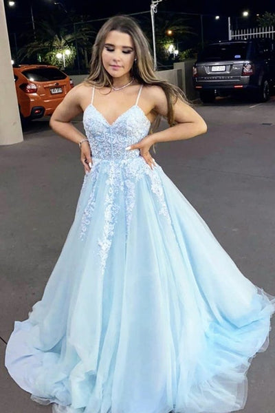 A Line V Neck Backless Light Blue Lace Long Prom Dress, Evening Dress SJ211159