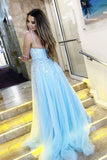 A Line V Neck Backless Light Blue Lace Long Prom Dress, Evening Dress SJ211159