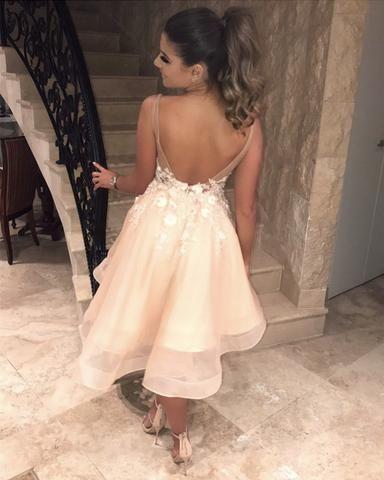 A-Line V Neck Backless Short Prom Dress With Appliques, Homecoming Dress SJ211003