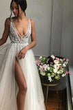 A-Line V-Neck Floor-Length Ivory Prom Dress with Beading Split ODA018 | ballgownbridal